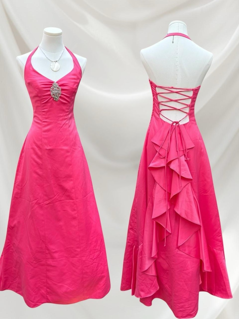 Hot Pink Halter Lace-Up Back Evening Dress